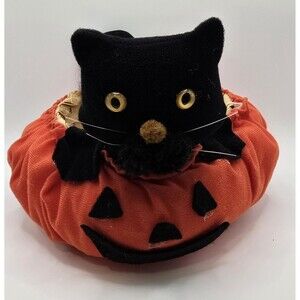 Vintage Halloween Black Cat Jack O Lantern Basket Wicker Plush Decoration Taiwan